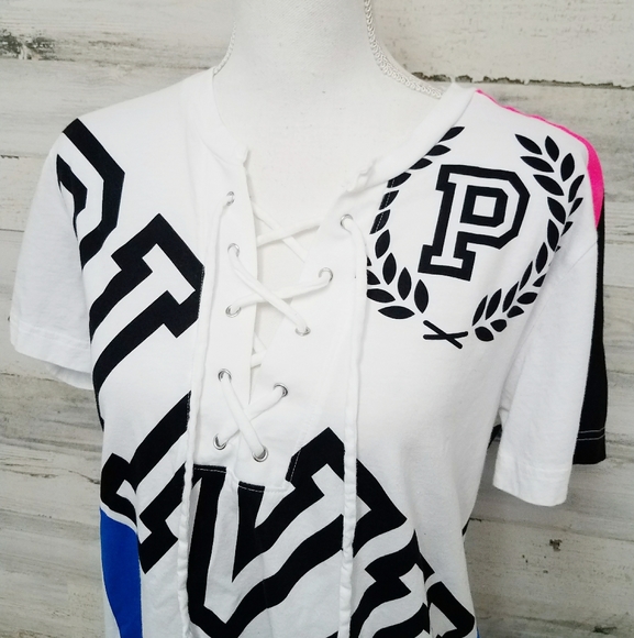 PINK Victoria's Secret Neon Striped Lace Up Tee - Picture 3 of 8